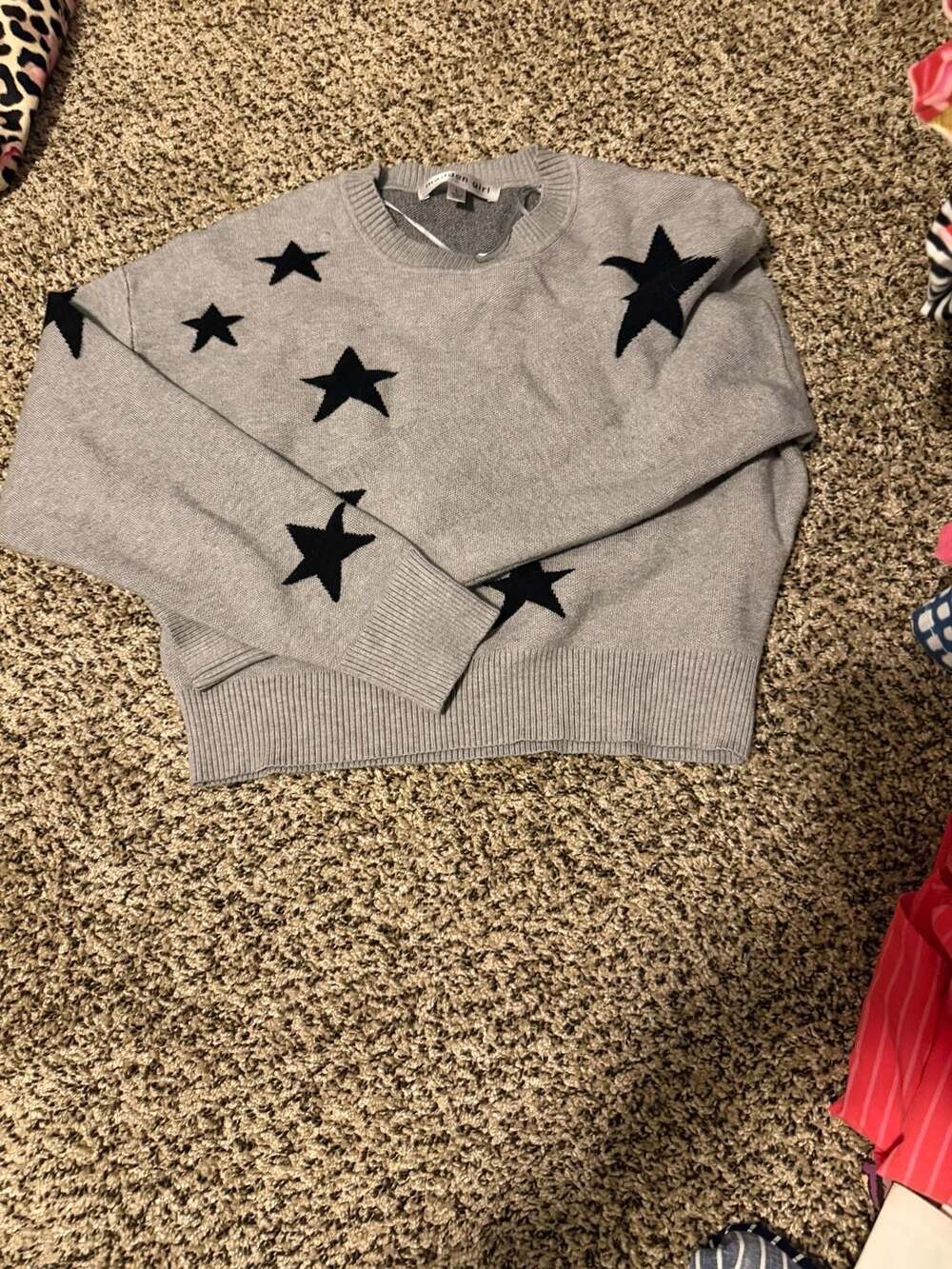 Madden Girl Gray and Black Star Print Long Sleeve Crewneck Knit Sweater